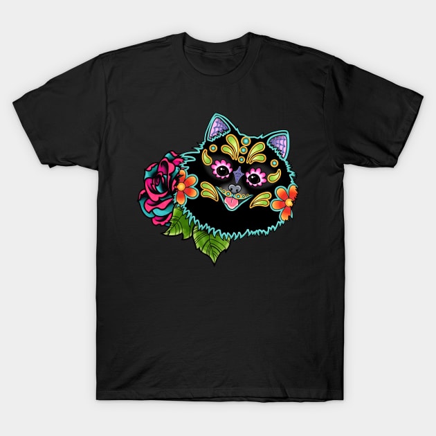 Pomeranian in Black - Day of the Dead Sugar Skull Dog T-Shirt by prettyinink